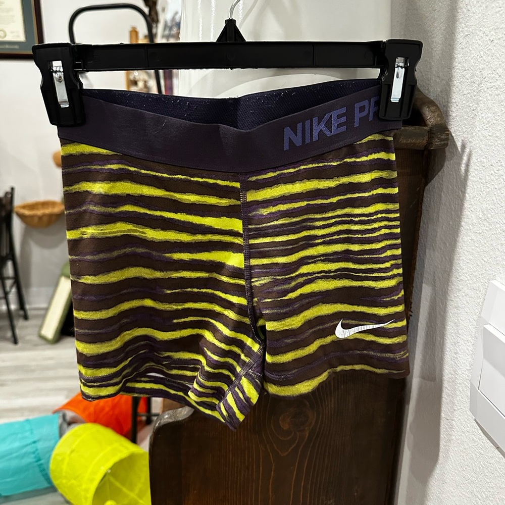 Nike pro stripped yellow and purple spandex, running spandex, size small